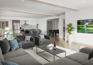 Residents relaxing in the central green community social room at a stober group property in kelowna